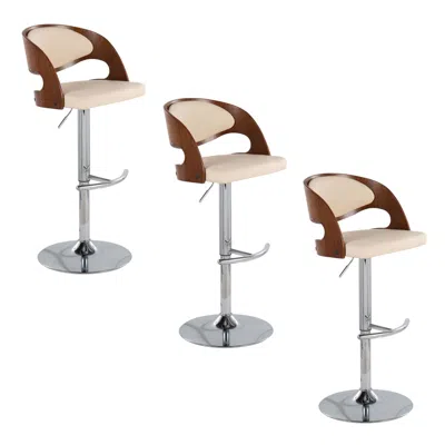 Agaile Pino Mid-century Modern Adjustable Barstool With Swivel In Chrome Metal, Walnut Wood And Cream Faux  In Brown
