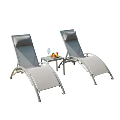 Agaile Pool Lounge Chairs Set Of 3, Adjustable Aluminum Outdoor Chaise Lounge Chairs With Metal Side Table, In Gray