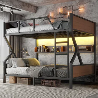 Agaile Queen Over Queen Bunk Bed, Metal Bunk Bed With Storage Shelves And Lights, Space-saving & Noise-free In Black