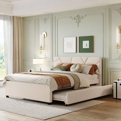 Agaile Queen Size Upholstered Platform Bed With Brick Pattern Headboard And Twin Xl Size Trundle, Linen Fab In White
