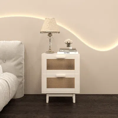 Agaile Rattan Nightstand, Wood End Table, Side Table With 2 Faux Rattan-decorated Drawers, Bedside Table,wo In Neutral