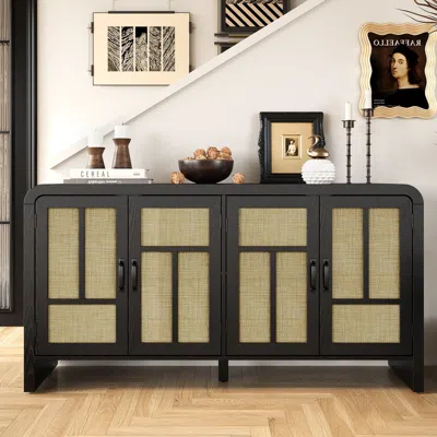 Agaile Rattan Sideboard Buffet Cabinet With Storage, 59'' Large Boho Storage Cabinet With 4 Doors And Adjus In Black