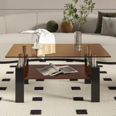 Agaile Rectangle Coffee Table, Tempered Glass Tabletop With Mdf Layer, Modern Table For Living Room, Brown 