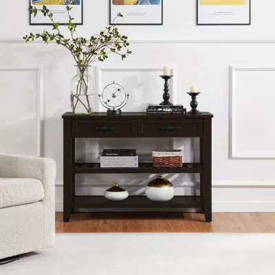 Agaile Retro Design Console Table With Two Open Shelves, Pine Solid Wood Frame And Legs For Living Room In Black