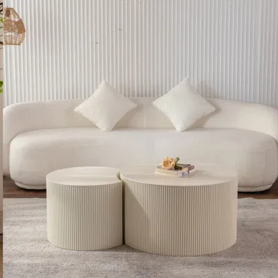 Agaile Round Coffee Table Handcrafted Relief Sturdy Pedestal Wooden Olive-shaped Tea Table For Living Room In White