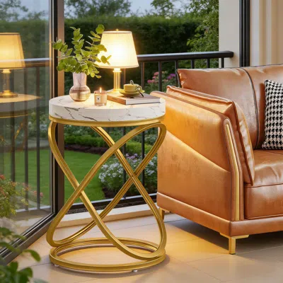 Agaile Round End Table, Tall Sofa Side Table With Faux Marble Top In Gold