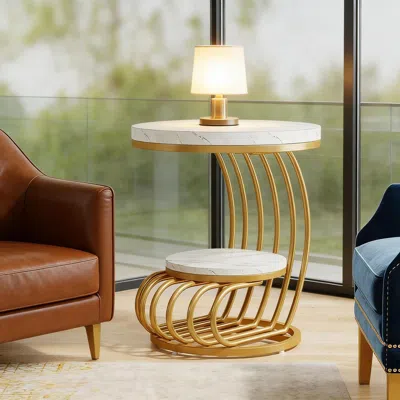 Agaile Round End Table With Storage Shelf, 2 Tiers Faux Marble Side Table In Gold