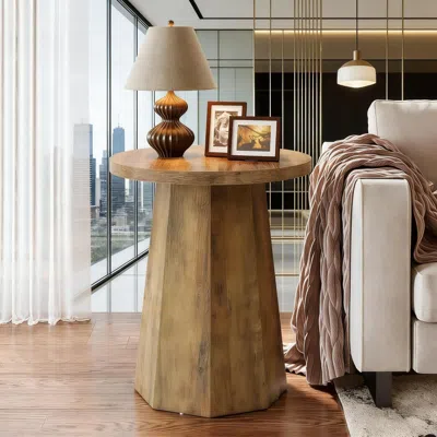 Agaile Round End Table, Wooden Couch Side Table With Octagonal Base In Brown