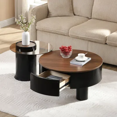 Agaile Round Nesting Coffee Table Set Of 2, Coffee Table With Storage Drawer For Living Room In Black