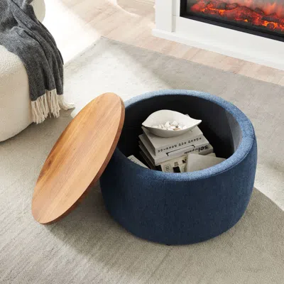 Agaile Round Storage Ottoman, 2 In 1 Function, Work As End Table And Ottoman, Navy (25.5"x25.5"x14.5") In Blue