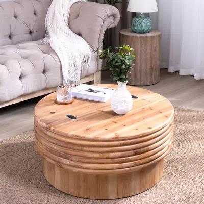 Agaile Round Wooden Coffee Table With Hidden Storage - 30.3" Modern Rustic Centerpiece For Living Room, Nat In Pink