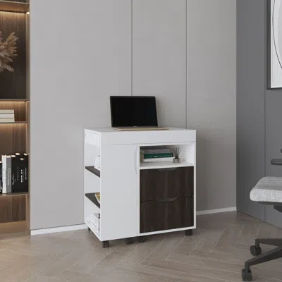 Agaile San Diego 54" Wide Two Drawer Expandable Desk With Seven Shelves And Casters White - Dark Walnut
