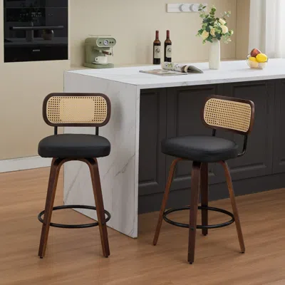 Agaile Set Of 2 Counter Height Bar Stools - 26 Inch Rattan Counter Height Stools With Cane Back, Upholstere In Black