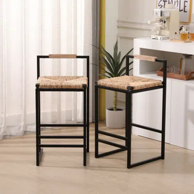 Agaile Set Of 2 Water Hyacinth Woven Bar Stools With Back Support Counter Height Dining Chairs For Kitchen, In Brown