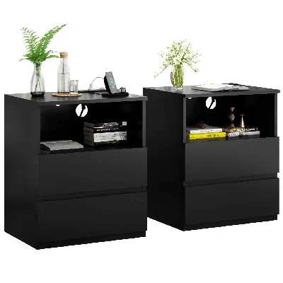 Agaile (set Of 2)end Table With Fast Usb C Charging Station, Sofa Side Table With 2 Drawers, Large Storage  In Black