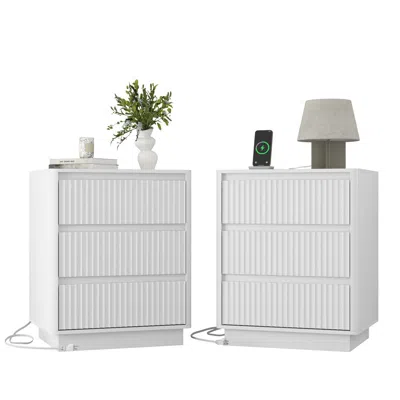 Agaile (set Of 2)end Table With Fast Usb C Charging Station, Sofa Side Table With 3drawers, Large Storage M In White