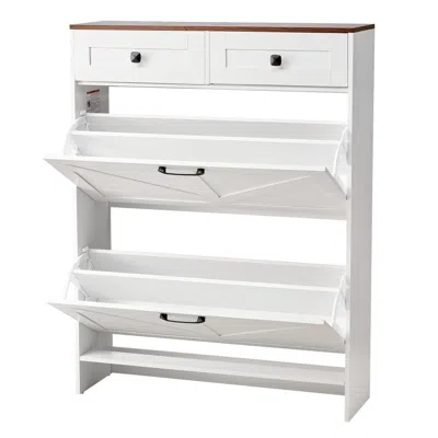 Agaile Shoe Cabinet With 2 Flip Drawers, Farmhouse Shoes Storage Cabinet With 2 Drawers And Anti-tipping De In White