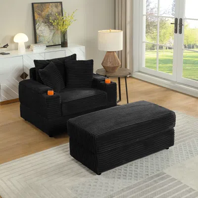 Agaile Sofa With 2 Toss Pillows And A Ottoman,comfy Sofa- Deep Seat Couch For Living Room In Black