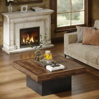 Agaile Square Coffee Table, Farmhouse Wood Cocktail Table With Led Light In Brown