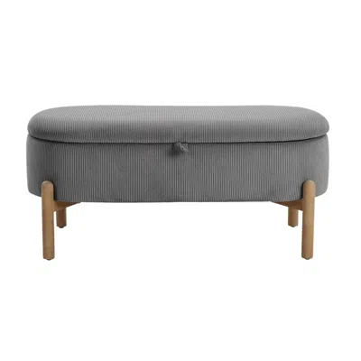 Agaile Storage Bench Gray Cushioned Seat Corduroy Upholstery Lift Top Solid Wood Legs 1pc