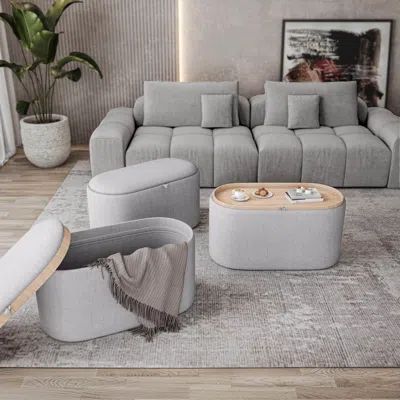 Agaile Storage Ottoman With Reversible Wooden Tray Top, Natural In White