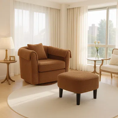 Agaile Swivel Accent Chair With Ottoman Set, Modern Chenille Barrel Armchair With Removable Back Pillow & 2 In Brown
