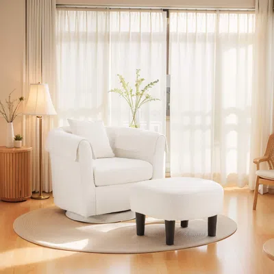 Agaile Swivel Accent Chair With Ottoman Set, Modern Chenille Barrel Armchair With Removable Back Pillow & 2 In White