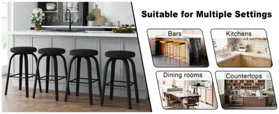 Agaile Swivel Bar Stools Set Of 2, Bar Height Backless 30″ Bar Stool, Fabric Upholstered Seat, Sturdy Wood  In Black