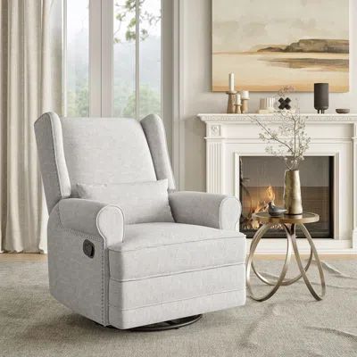 Agaile Swivel Recliner Chair, Comfy Glider Rocking Chairs With Lumbar Pillow And Footrest, Upholstered Swiv In White