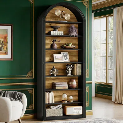 Agaile Tall Bookshelf, Wooden Arched Bookcase Display Shelving Unit In Black