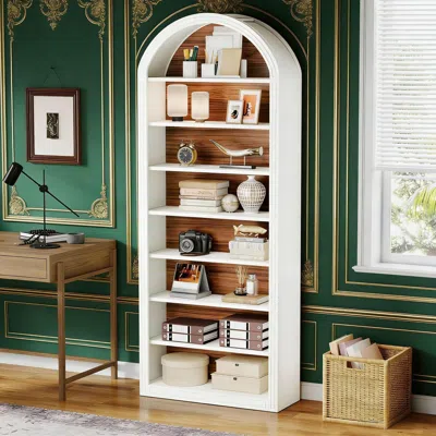 Agaile Tall Bookshelf, Wooden Arched Bookcase Display Shelving Unit In White