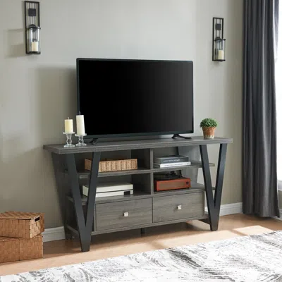 Agaile Tall Tv Stand Cabinet With Two Drawers On Metal Glides Metal Square Knob Handles And Two Divided She In Gray