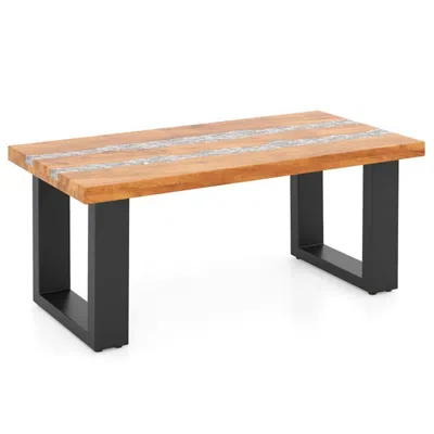 Agaile Teak Wood Patio Table With River Feel Epoxy Tabletop In Brown