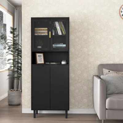Agaile Tempered Glass Door Tall Storage Bookcase With Adjustable Board, 4 Doors Mdf Painting Finished Cabin In Black