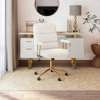 Agaile Textured Boucle Fabric White And Gold Office Chair, Modern Height Adjustable Desk Chair With Padded 