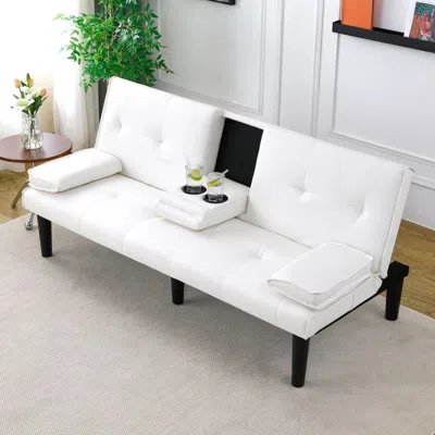 Agaile The 67-inch White Pvc Multi-functional Sofa Bed, With A Foldable And Cup Holder Design, Makes It Ext