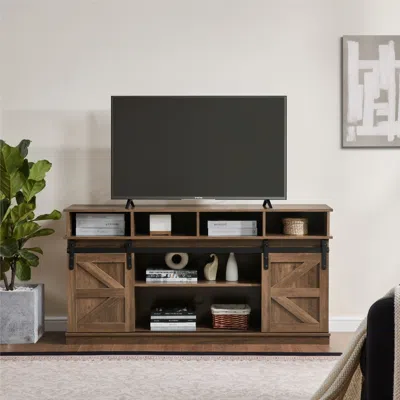 Agaile Tv Stand Sliding Barn Door Modern & Farmhouse Wood Entertainment Center, Storage Cabinet Table Livin In Brown