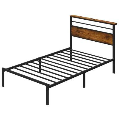 Agaile Twin Bed Frame: Industrial Platform Bed W/ Wood Headboard, Storage Shelves, Led Lights, And Steel Sl In Brown