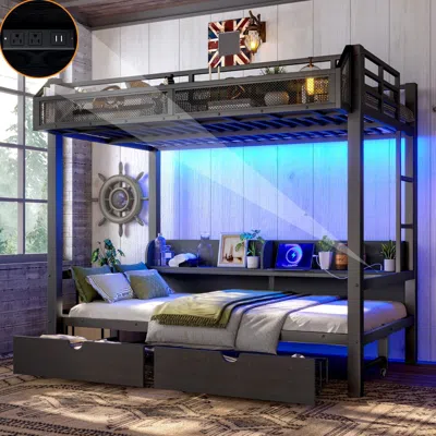Agaile Twin Over Twin Bunk Bed With Storage Shelves And Drawers,multifunctional Metal Bunk Beds With Usb Po In Black