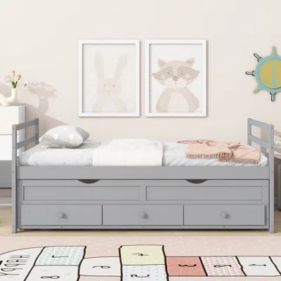 Agaile Twin Size Bed With Headboard,footboard,trundle And Three Storage Drawers,twin Size Pine Wood Bed Wit In Gray