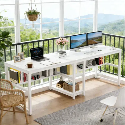 Agaile Two Person Desk, Double Computer Desk With Bookshelf In White