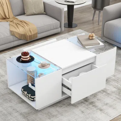 Agaile U-can Led Coffee Table, Modern Center Table With High-gloss Finish And Glass Tabletop, Coffee Table  In White