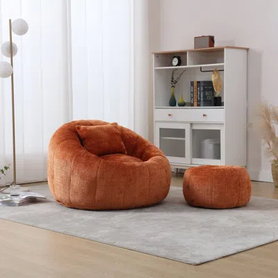 Agaile United We Win Modern Bean Bag Chairs, Comfy Round Chair For Adults With Ottoman, Leisure Single Sofa In Orange