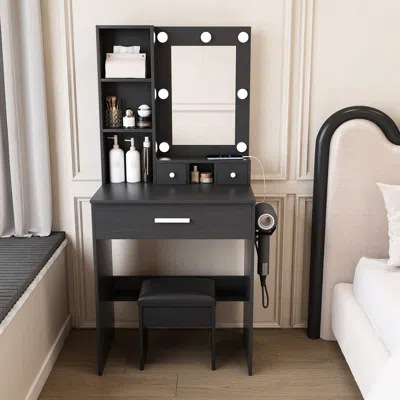 Agaile Vanity Table With Mirror & Adjustable Led Lights, Power Outlet, Hairdryer Holder & Stool - Compact D In Black