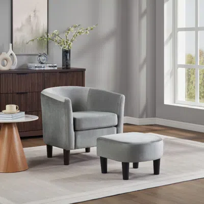 Agaile Velvet Accent Chair With Ottoman, Modern Barrel Chair Armchair For Living Room, Bedroom, Gray