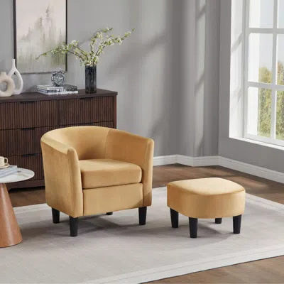 Agaile Velvet Accent Chair With Ottoman, Modern Barrel Chair Armchair For Living Room, Bedroom, Yellow In Brown