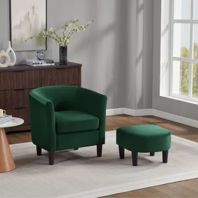 Agaile Velvet Accent Chair With Ottoman, Modern Barrel Chair Armchair For Living Room, Green