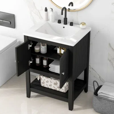 Agaile [video] 24" Black Modern Sleek Bathroom Vanity Elegant Ceramic Sink With Solid Wood Frame Open Style