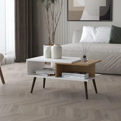 Agaile White And Natural Oak Coffee Table With Open Storage And Conical Legs In Brown