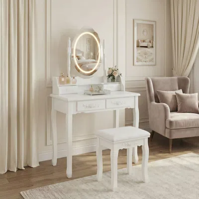Agaile White Princess Vanity Desk Set With Mirror & Cushioned Stool,light Modes,4-drawer Wooden Makeup Vani In Black